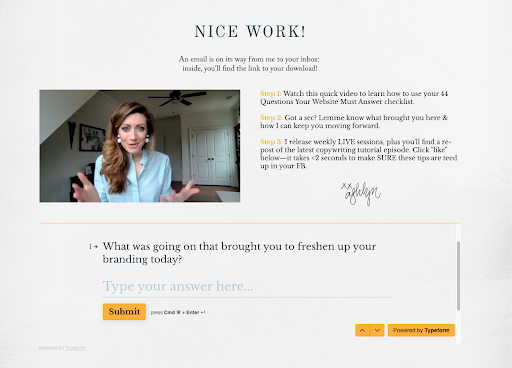 Example of a Welcome page from Ashlyn Carter that includes a survey