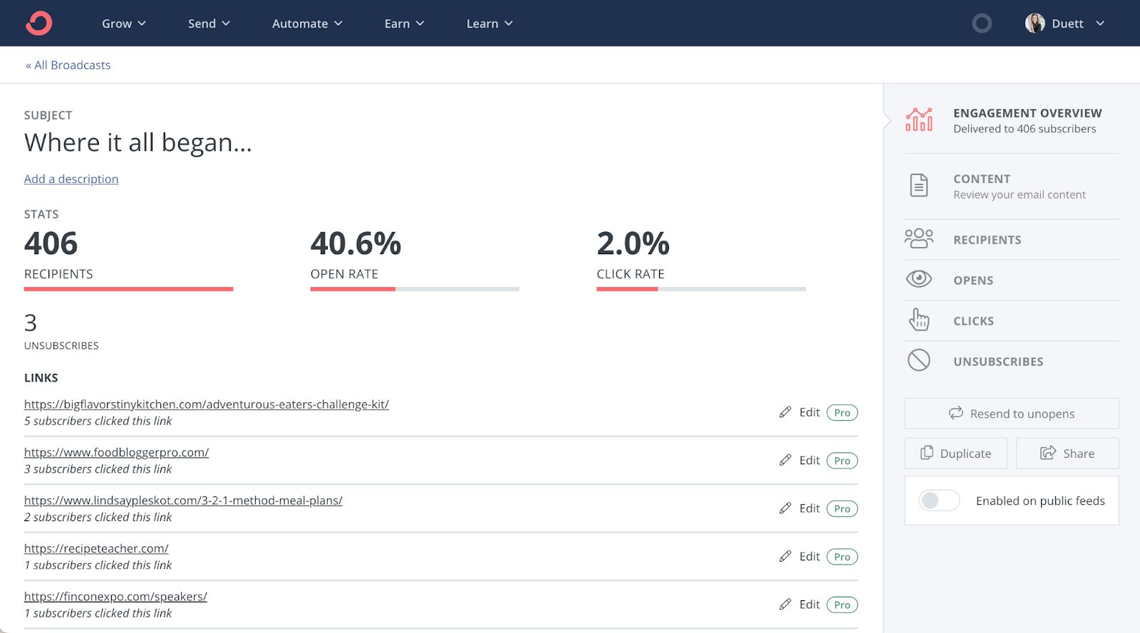 Photo of individual email stats in ConvertKit