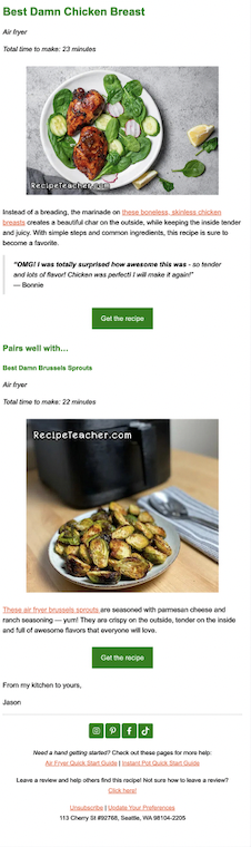 Screenshot of Recipe Teacher (Jason Norris) nurture sequence email to show bloggers the importance of having an automated email nurture sequence