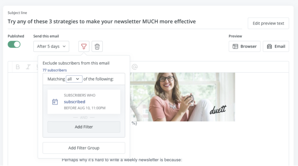 Screenshot of Allea's nurture sequence scheduled date to show bloggers the importance of having an automated email nurture sequence