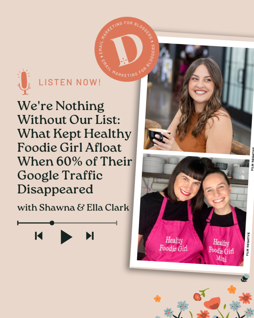 podcast promo graphic for We're Nothing Without Our List: What Kept Healthy Foodie Girl Afloat When 60% of Their Google Traffic Disappeared with Shawna & Ella Clark